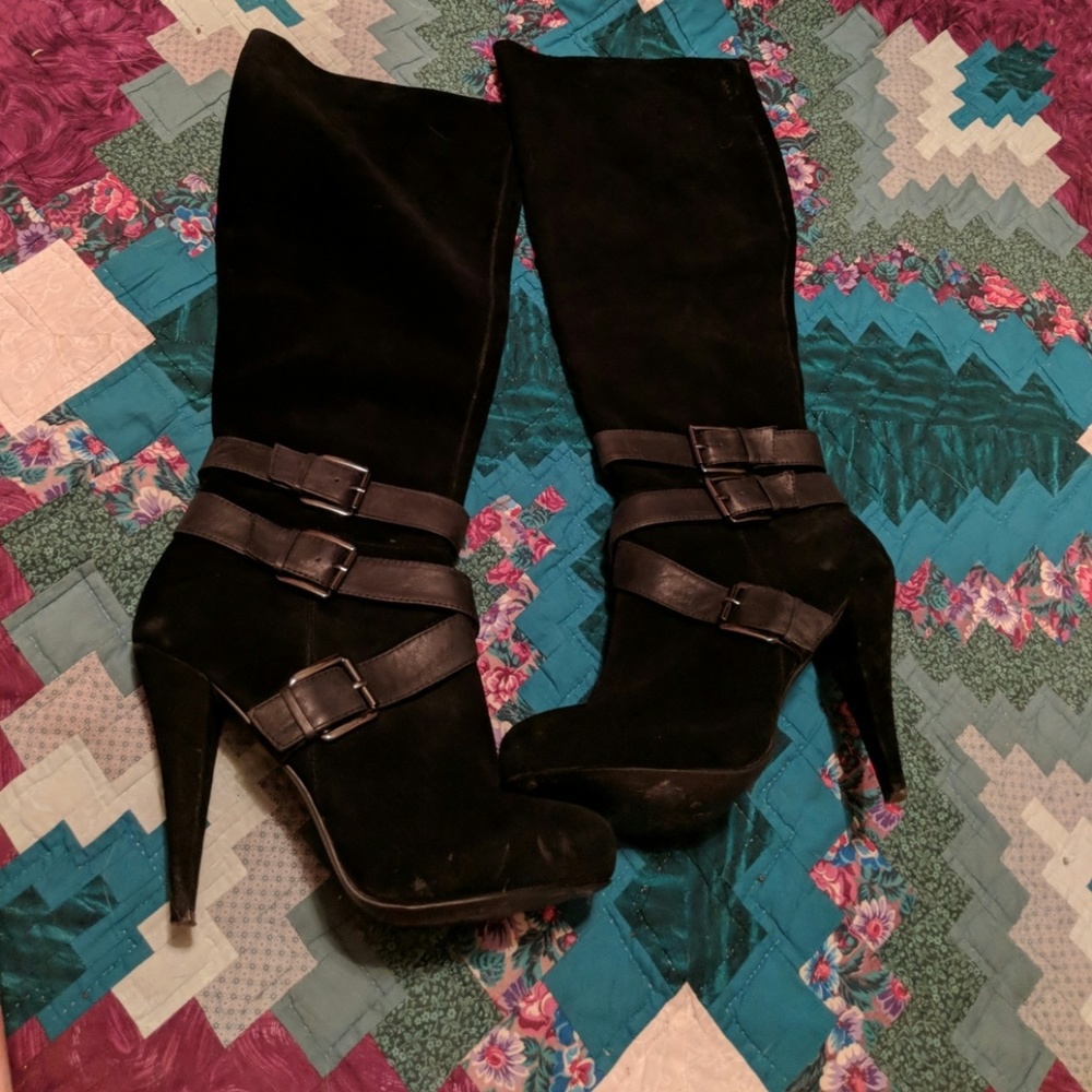 Aldo Bried Black Suede Knee High Heel ZipUp Boots